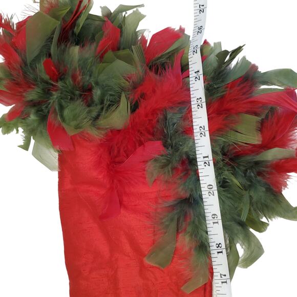 Vintage Silk Christmas Stocking Red Feathered Bell Accents Green Feathers 25" - Picture 11 of 13